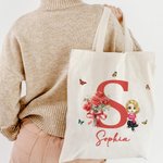 Personalizada Nacimiento Flor Ramo Cartoon Personaje Reutilizable Gran Bolsa de Lona con Nombre e Inicial Cumpleaños Regalo para Mujer Niña