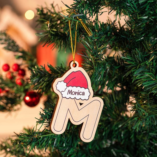 Personalisierte hölzerne Weihnachtsmütze Brief Ornament mit Namen und Gold Seil Weihnachtsgeschenk für Freund Familie