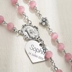 Chapelet en Perles Personnalisé avec Nom et Date Gravé Breloque Cœur Croix Jésus Cadeau Catholique Baptême Toussaint Communion pour Enfant