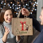 Personalized Cartoon Character Holly Bow Initial Reusable Large Jute Tote Gift Bag with Name Christmas Party Gift for Family