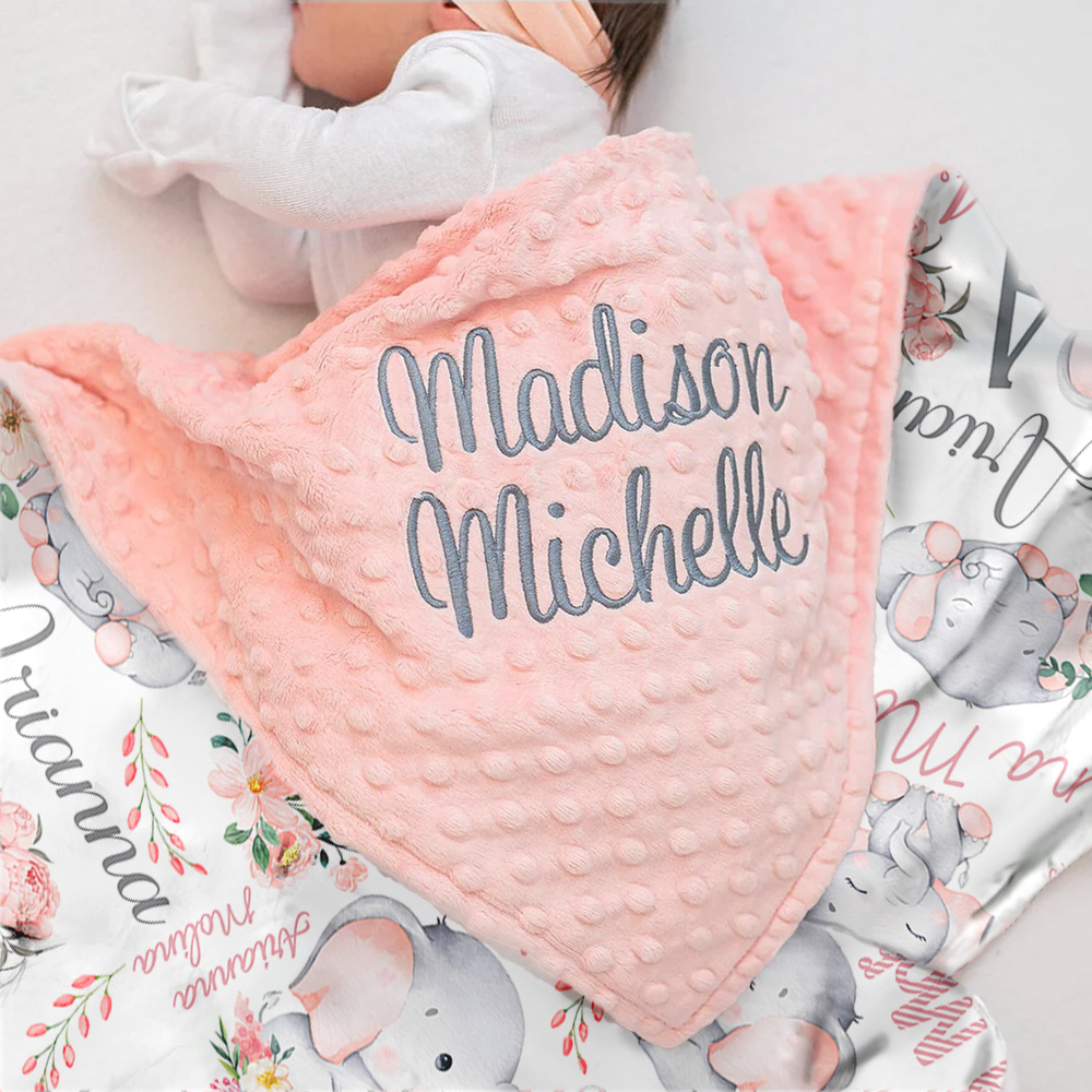 Personalized Cute Floral Elephant Initial Name Baby Security Blanket