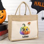 Personalizado Cute Pumpon Mushroom Calabaza reutilizables Trick or Treat Bolsa de yute con nombre Beach Halloween Party Regalo para Mujeres Niñas