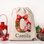 Sac d'emballage de Noël personnalisé avec nom et noeud Initiale Cadeau de Noël pour enfants Famille