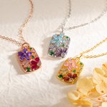 Personalised Retro Flower Petals Birthstones Hollow Rectangle Frame Pendant Necklace Dainty Jewellery Birthday Anniversary Gift for Women