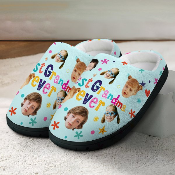 Personalised Colourful Star Flower Multiple Design Photos Anti-slip Plush Slippers with Title Birthday Christmas Gift for Family