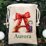 Sac d'emballage de Noël personnalisé avec nom et noeud Initiale Cadeau de Noël pour enfants Famille