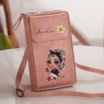 Personalisierte Cartoon Mädchen Umhängetasche aus PU-Leder mit Geldbörsenfach Namen und Geburtsblume Geburtstagsgeschenk für Damen