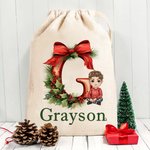 Sac d'emballage de Noël personnalisé avec nom et noeud Initiale Cadeau de Noël pour enfants Famille