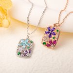 Personalised Retro Flower Petals Birthstones Hollow Rectangle Frame Pendant Necklace Dainty Jewellery Birthday Anniversary Gift for Women