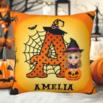 Personalized Cartoon Vampire Witch Soft Throw Pillow Cover with Initial and Name Home Decor Halloween Gift for Boys Girls