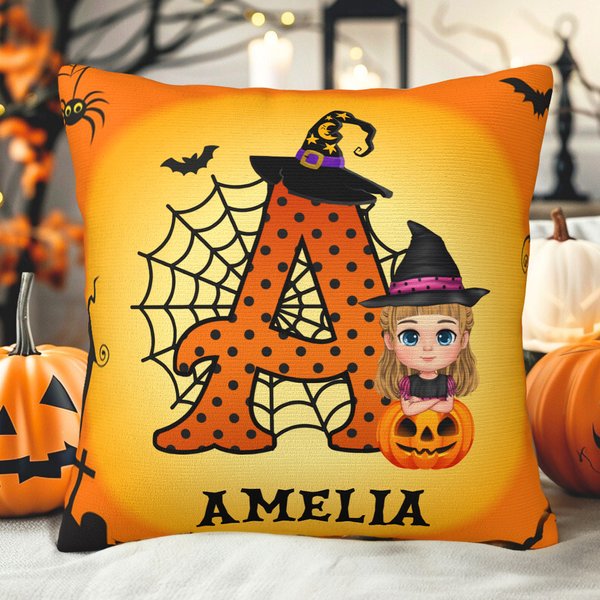 Personalized Cartoon Vampire Witch Soft Throw Pillow Cover with Initial and Name Home Decor Halloween Gift for Boys Girls