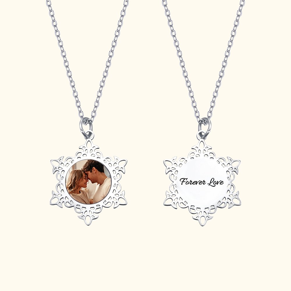 Collier Flocon de Neige avec Photo Personnalisée Texte Gravé au Dos à Choix Bijoux d'Hiver Cadeau Souvenir Anniversaire Noël pour Femme