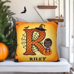 Personalized Cartoon Vampire Witch Soft Throw Pillow Cover with Initial and Name Home Decor Halloween Gift for Boys Girls