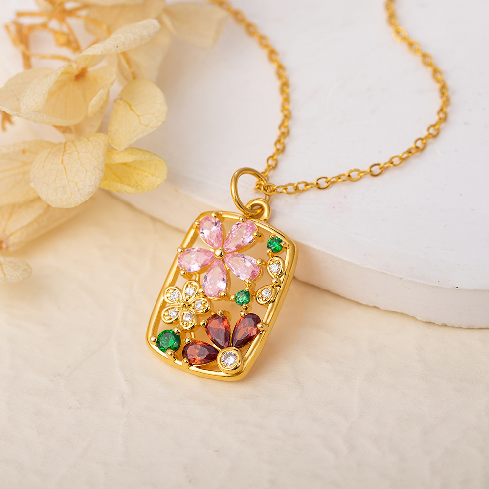 Personnalisé Retro Fleur Pétales Birthstones Creuse Rectangle Frame Pendentif Collier Dainty Jewelry Birthday Anniversary Gift for Women