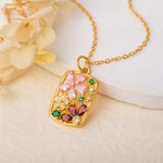 Personalised Retro Flower Petals Birthstones Hollow Rectangle Frame Pendant Necklace Dainty Jewellery Birthday Anniversary Gift for Women