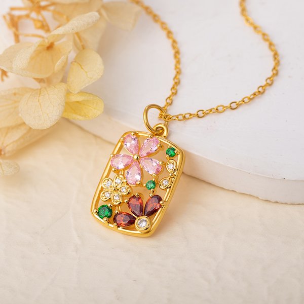 Personalized Retro Flower Petals Birthstones Hollow Rectangle Frame Pendant Necklace Dainty Jewelry Birthday Anniversary Gift for Women