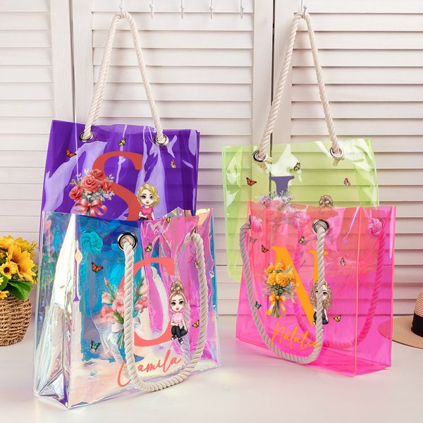 Personalized Neon Birth Flower Bouquet Cartoon Character Clear Tote Bag with Name Initial Birthday Anniversary Gift for Women Girl