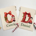 Sac d'emballage de Noël personnalisé avec nom et noeud Initiale Cadeau de Noël pour enfants Famille
