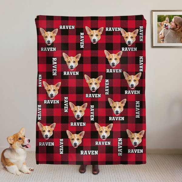 Personalized Colorful Christmas Plaid Dog Cat Face Photos Soft Throw Blanket with 1-3 Names Home Decor Birthday Christmas Gift for Pet Owners