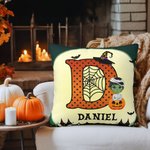 Personalized Cartoon Vampire Witch Soft Throw Pillow Cover with Initial and Name Home Decor Halloween Gift for Boys Girls