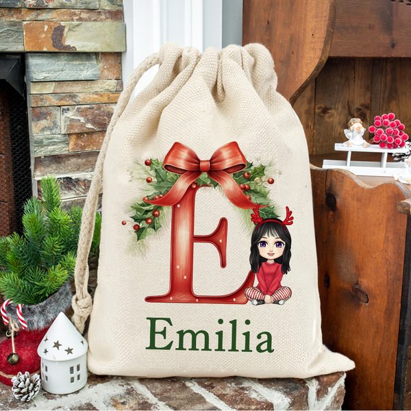 Personalized Holly Jingle Bell Cartoon Burlap Christmas Drawstring Gift Wrapping Bag with Name and Bow Initial Christmas Party Gift for Kids Family