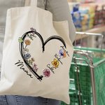 Sac à Épaule en Toile Personnalisé avec Nom Surnom et 1 à 4 Fleurs de Naissance Cadeau Anniversaire Noël pour Maman et Grand-mère