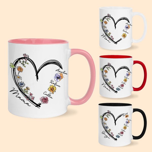 Mug céramique personnalisé avec 1-6 noms Anniversaire Fête des Mères Cadeau de Noël pour Maman Grand-mère