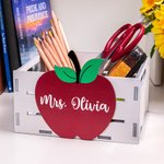Personalized Apple Design Wooden Desktop Organizer with Name Desk Decor Teacher Appreciation Thank You Gift for Educator