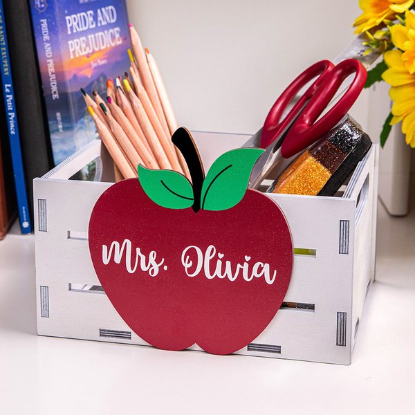 Personalized Apple Design Wooden Desktop Organizer with Name Desk Decor Teacher Appreciation Thank You Gift for Educator