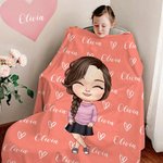 Personalized Cute Cartoon Elk Heart Soft Throw Blanket with Name Home Decor Birthday Christmas Gift for Girls Boys