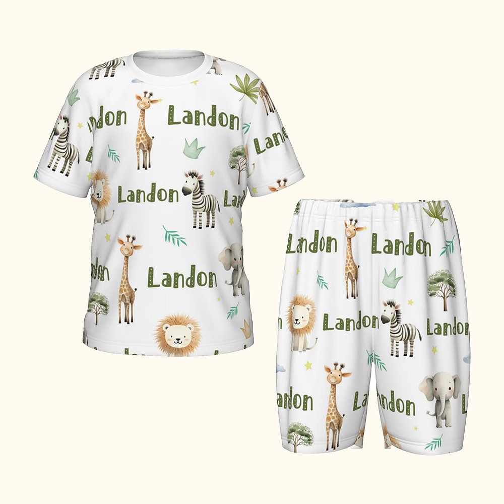 Pyjama Doux Personnalisé avec Nom Thème des Animaux Safari Set de T-shirt Short Multicolore Cadeau Anniversaire Noël pour Enfants Garçons Filles