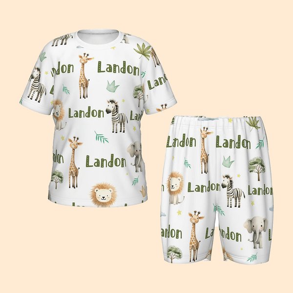 Personalized Watercolour Safari Animals Soft Kid Pajamas T-shirt Shorts Set with Name Multicolour Birthday Christmas Gift for Boys Girls