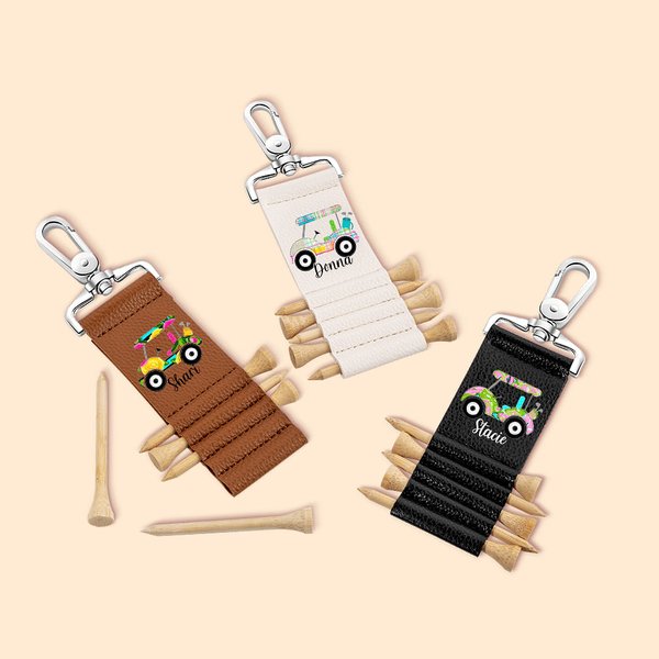 Personlig Golfvagn Bärbar Golf Tee-hållare i läder med namn och 5 st bambu-tees Födelsedag Sporttillbehör Present till golfspelare