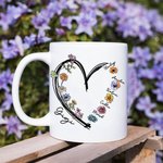 Personalised Heart Birth Flower 11oz Ceramic Mug with 1-6 Names Birthday Mother's Day Christmas Gift for Mom Grandma