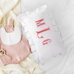 Personalised Embroidered Monogrammed Name Throw Pillow Cover with Ruffles Baby Shower Housewarming Gift for Newborn New Mom