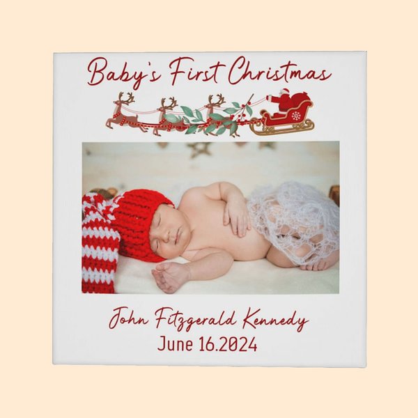 Personalized Baby's First Christmas Picture Framed Canvas Painting with Text Wall Decor Christmas Gift for Newborn New Mom Dad