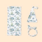 Couverture d'accueil personnalisée pour tortue bleue, thème océan, bonnet d'emmaillotage et bandeau avec le nom Coming Home Outfit Cadeau de douche de