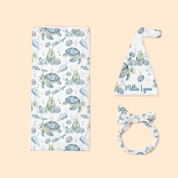 Personalized Blue Turtle Ocean Theme Receiving Blanket Swaddle Hat Headband Set with Name Coming Home Outfit Baby Shower Gift for Newborns