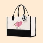 Personalized Crochet Knitting Theme Canvas Tote Bag with Name and Waterproof Liner Birthday Gift for Mom Grandma Sewing Lovers