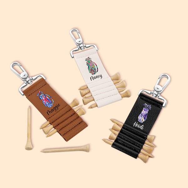 Personlig färgglad golfklubbor design läder namn golf tee hållare väska tagg med 5 st bambu tees födelsedag sportgåva för golfare golfspelare