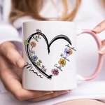 Personalised Heart Birth Flower 11oz Ceramic Mug with 1-6 Names Birthday Mother's Day Christmas Gift for Mom Grandma