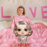 Personalized Cute Cartoon Elk Heart Soft Throw Blanket with Name Home Decor Birthday Christmas Gift for Girls Boys