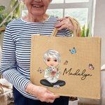 Personalised Cute Cartoon Character Birth Flower Bouquet Jute Tote Bag with Name Christmas Birthday Gift for Women Girls