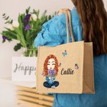 Personalised Cute Cartoon Character Birth Flower Bouquet Jute Tote Bag with Name Christmas Birthday Gift for Women Girls