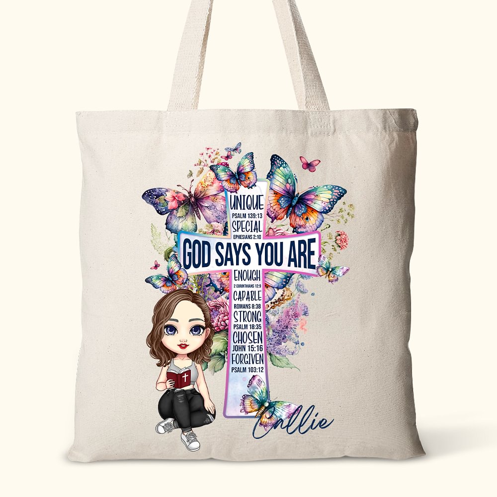 Personnalisé verset biblique croix aquarelle papillon sac en toile avec nom anniversaire baptême cadeau pour femmes filles