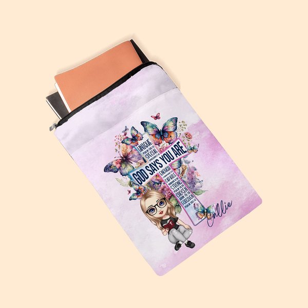 Personalizado Dios dice que eres Cruz de la Biblia Flores Mariposa Cubierta de libro con bolsillo delantero Regalo de cumpleaños cristiano para las mu