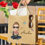 Personalised Cute Cartoon Character Birth Flower Bouquet Jute Tote Bag with Name Christmas Birthday Gift for Women Girls