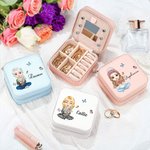 Boîte à bijoux en cuir personnalisée avec nom pour femme, fleur de naissance et dessin animé, accessoires de voyage portables, cadeau d'anniversaire e