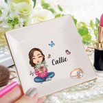 Personalised Cartoon Character Birth Flower Bouquet Ceramic Trinket Jewellery Dish with Name Birthday Bridesmaid Party Wedding Gift for Women