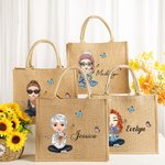 Personalised Cute Cartoon Character Birth Flower Bouquet Jute Tote Bag with Name Christmas Birthday Gift for Women Girls